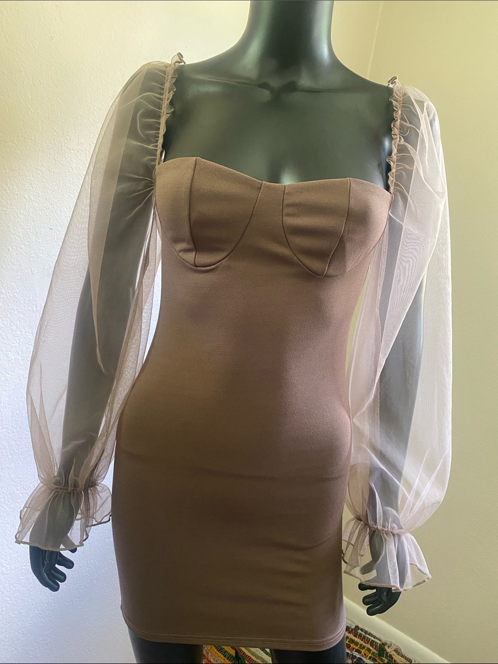 SHEIN Brown Taupe Sheer Puff Sleeve Mini Dress with Sweetheart Bodice